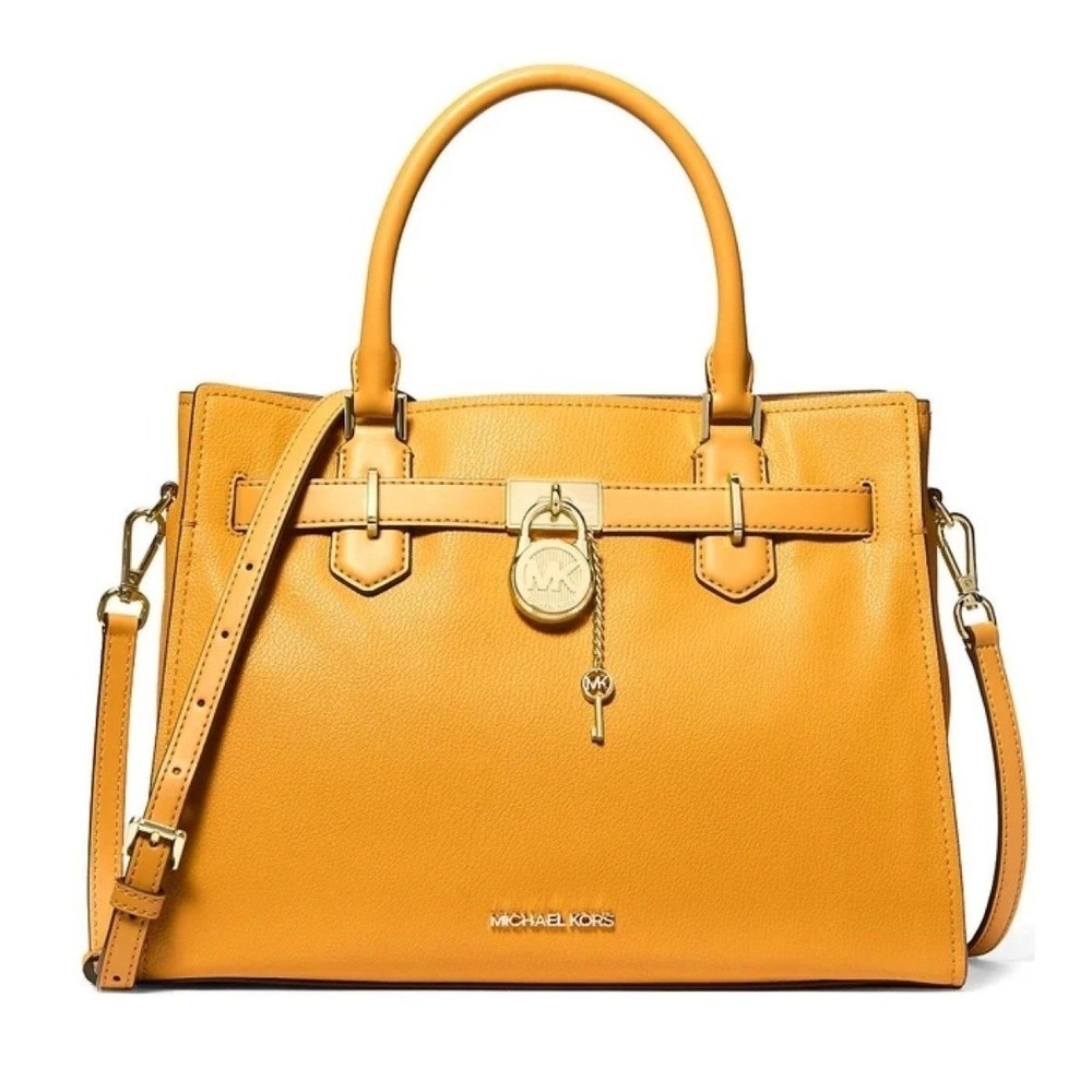 Michael Kors Hamilton Medium Leather Satchel Crossbody Handbag Golden Rod Yellow